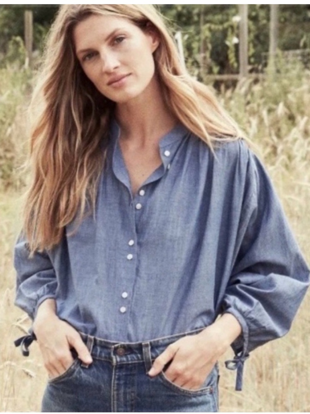 Down OKeefe Blouse - Relaxed Chambray Button-Front Women’s Blouse - Blue